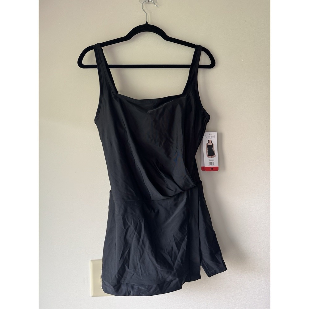 NWT Beyond Control Black Square Neck Swim Dress Tummy Control Size M